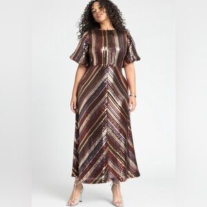 Eloquii Striped Sequin Puff Sleeve Maxi Dress 18 Brown Chevron Metallic Purple